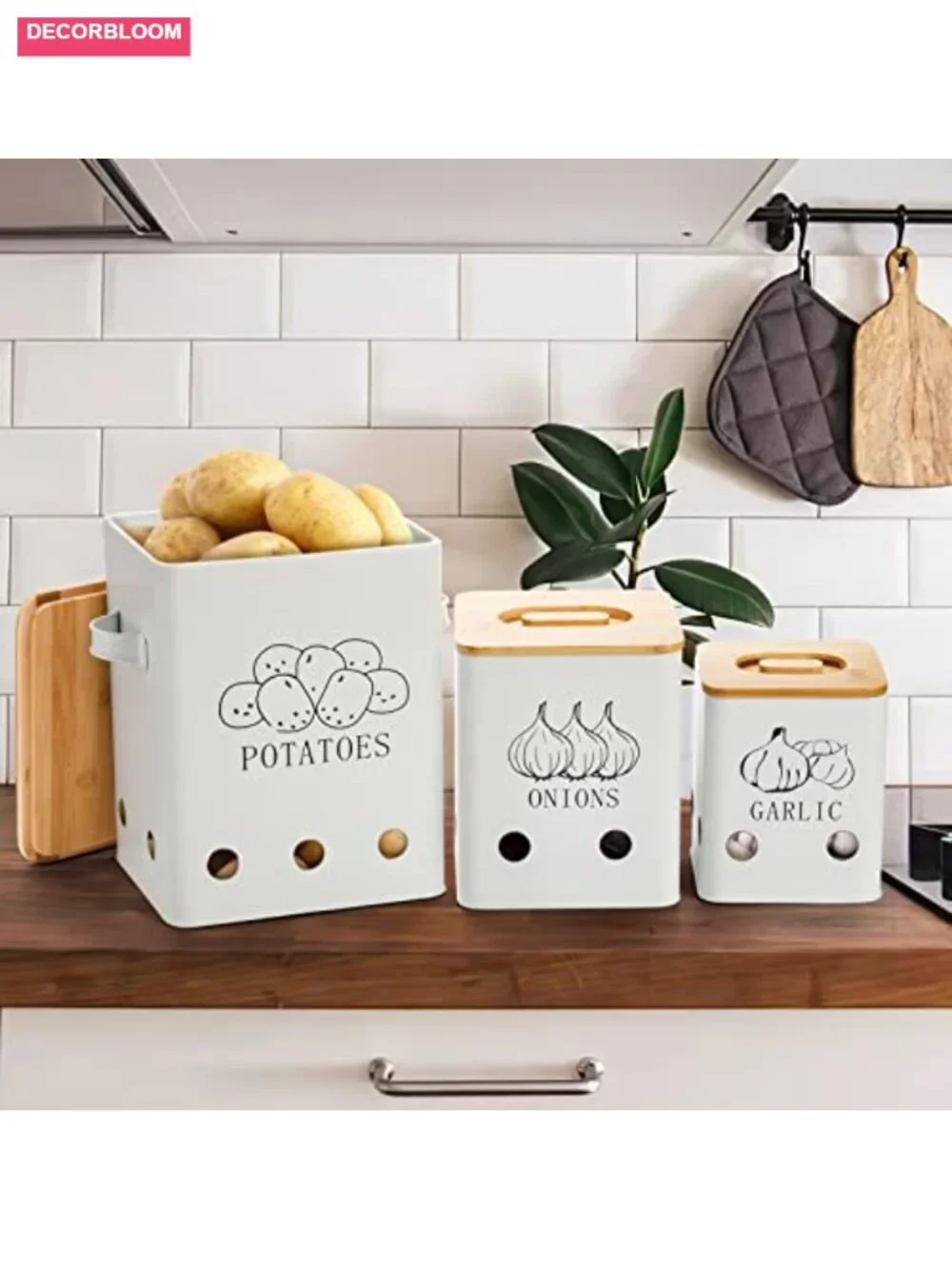 3 Pack Metal Vegetable Storage Tins with Wooden Lids, Onion Garlic Potato